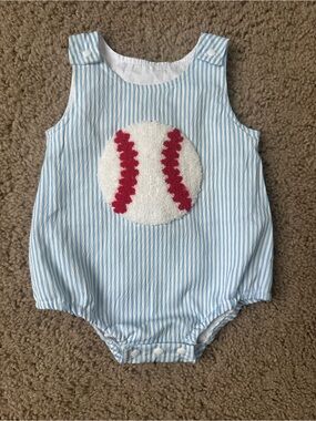 ME+EM Light Blue and White Striped Baseball Appliqué One-Piece